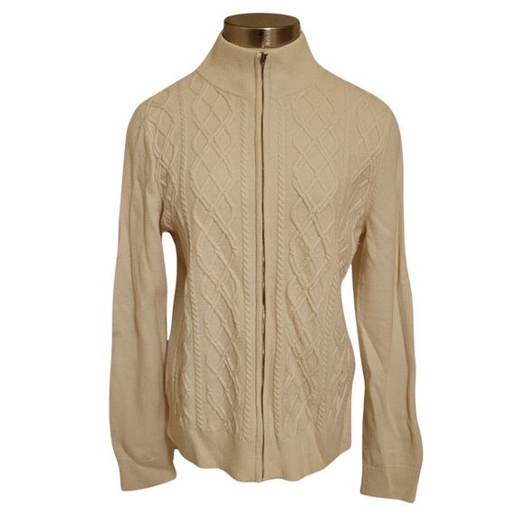 Talbots Lambswool Blend Cable Knit Full Zip Up Front Sweater Cream Womens Size L - Picture 1 of 9